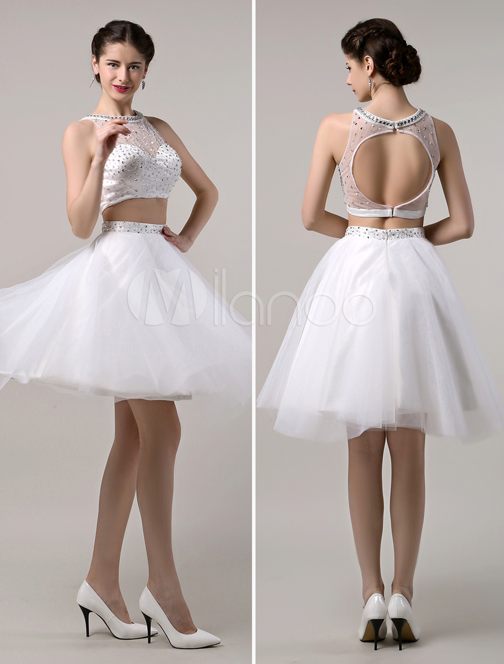 Two Piece Prom Dresses 2018 Short White Prom Dress Crop Top Cutout Back ...