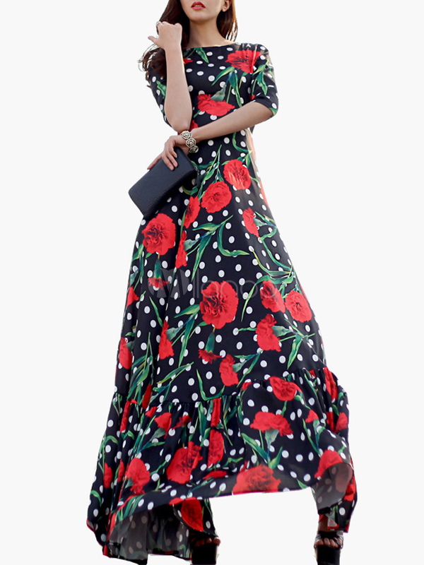 Half Sleeves Crewneck Floral Print Polka Dot Ruffles Chiffon Maxi Dress ...