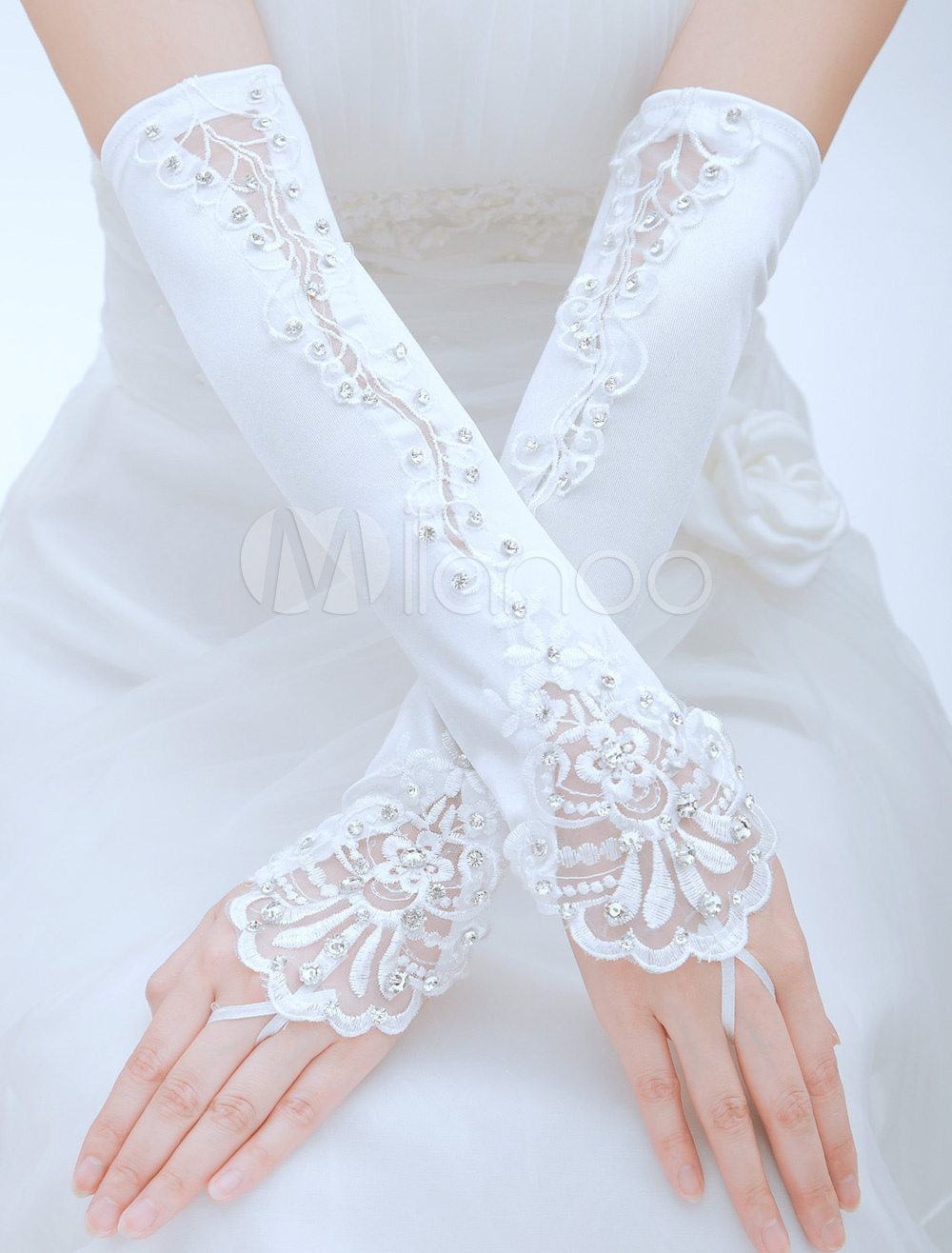 Luxuary Rhinestone Lace Elbow Length Fingerless Satin Wedding Gloves ...