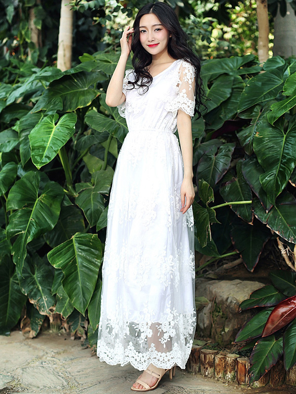 Scoop Neck Lace Embroidered Short Sleeves Long Dress for Woman ...