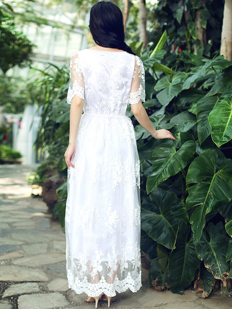 Scoop Neck Lace Embroidered Short Sleeves Long Dress for Woman
