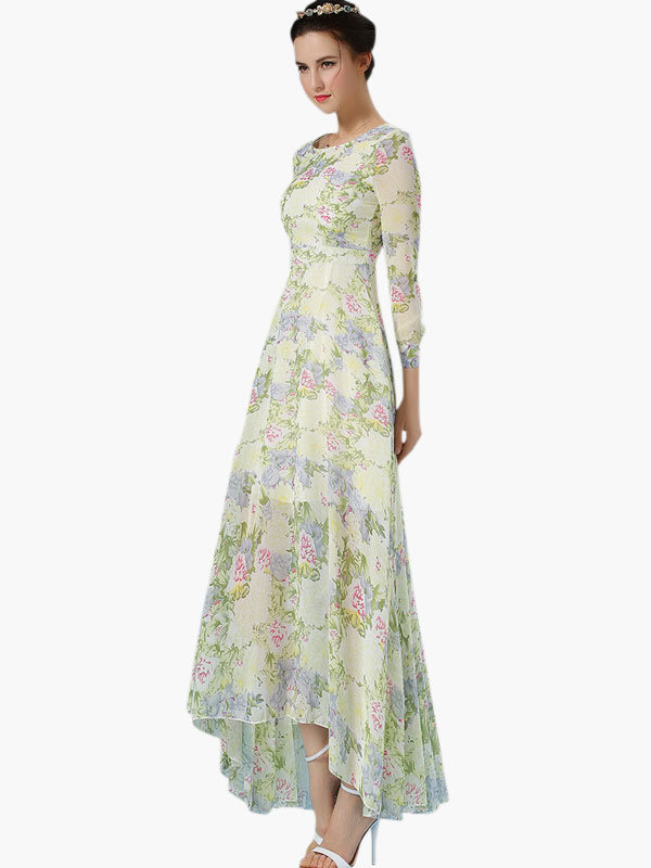 Long Sleeves Chiffon Printed High Low Design Maxi Dress for Woman