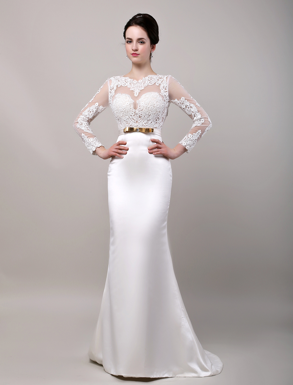 Sexy Long Lace Sleeves Sheer Neckline Backless Open Back Satin Bridal ...