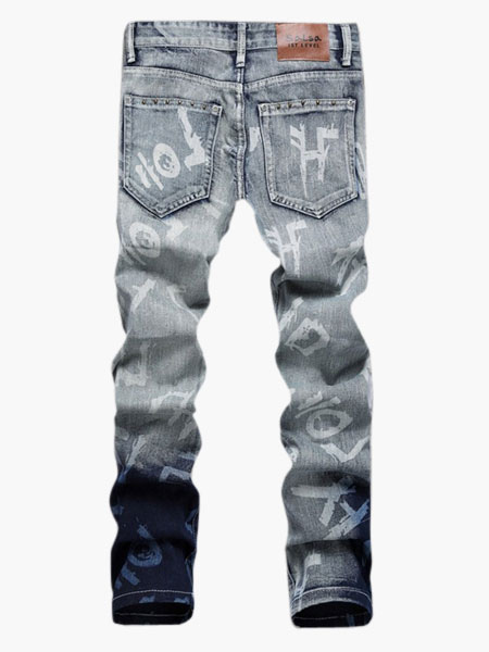 Blue Words Print Denim Straight Men's Jeans - Milanoo.com
