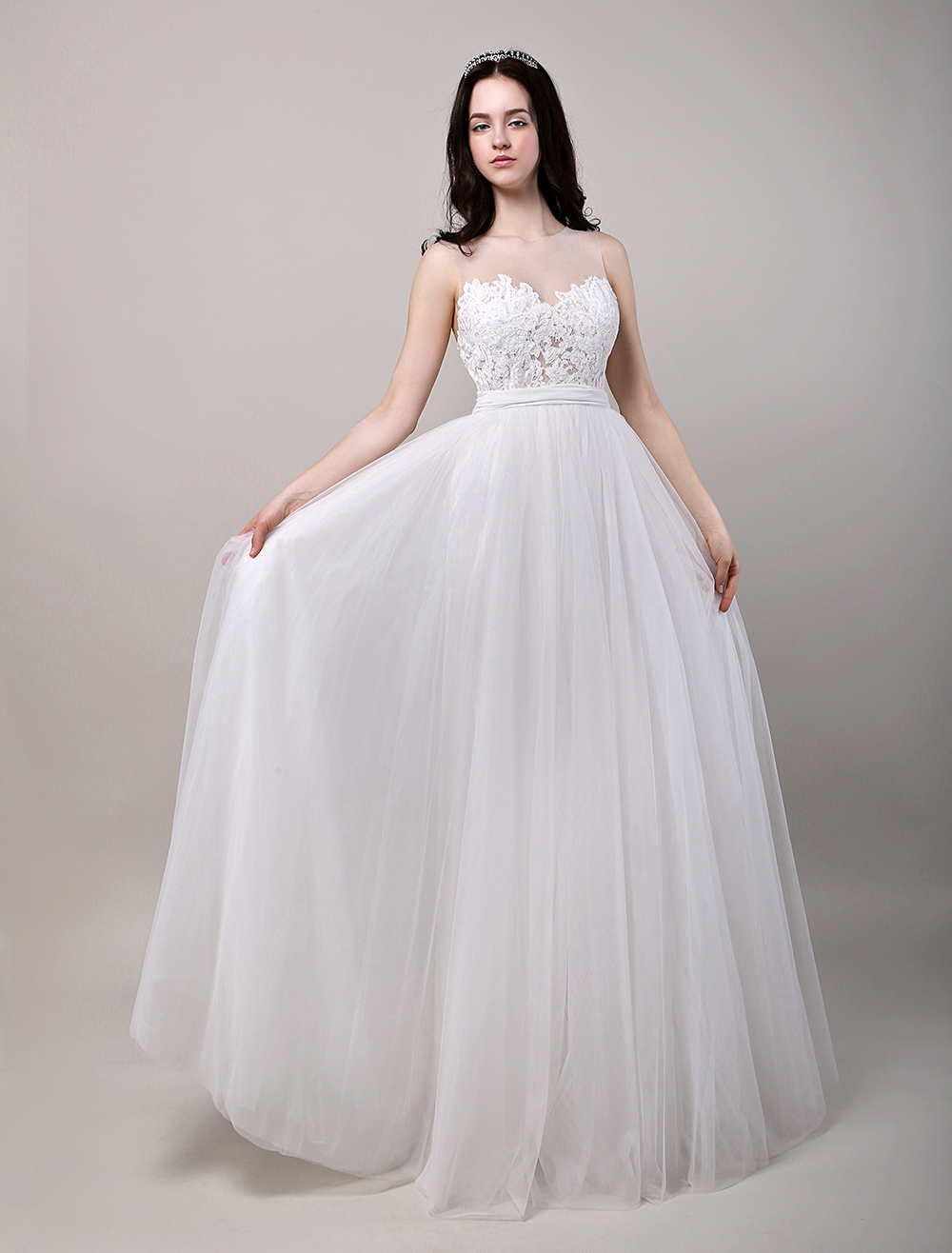 Illusion Neckline Lace Bodice Tulle Wedding Dress 5360