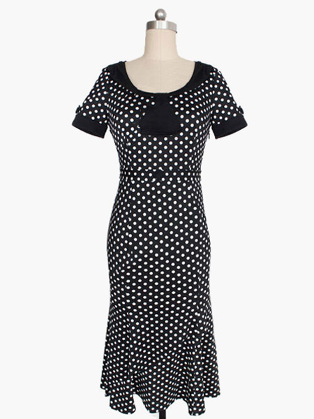 Short Sleeves Piping Cotton Blend Polka Dot Flare Woman's Bodycon Dress ...