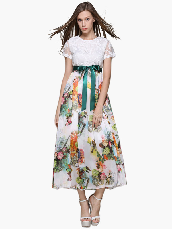 Printed Scoop Neck Lace Short Sleeves Woman's Long Dress - Milanoo.com