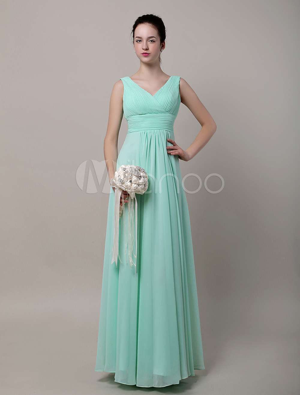 Bulk Order Sleeveless V-Neck Floral A-Line Floor Length Dress with Back Zipper Bridesmaid Dresses