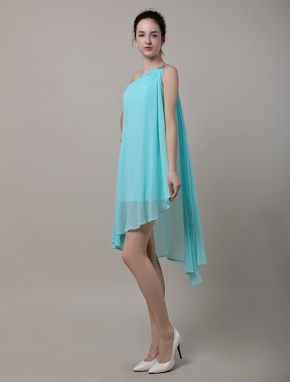 Vestido largo de dama de honor de chiffon con tirantes dobles Trébol