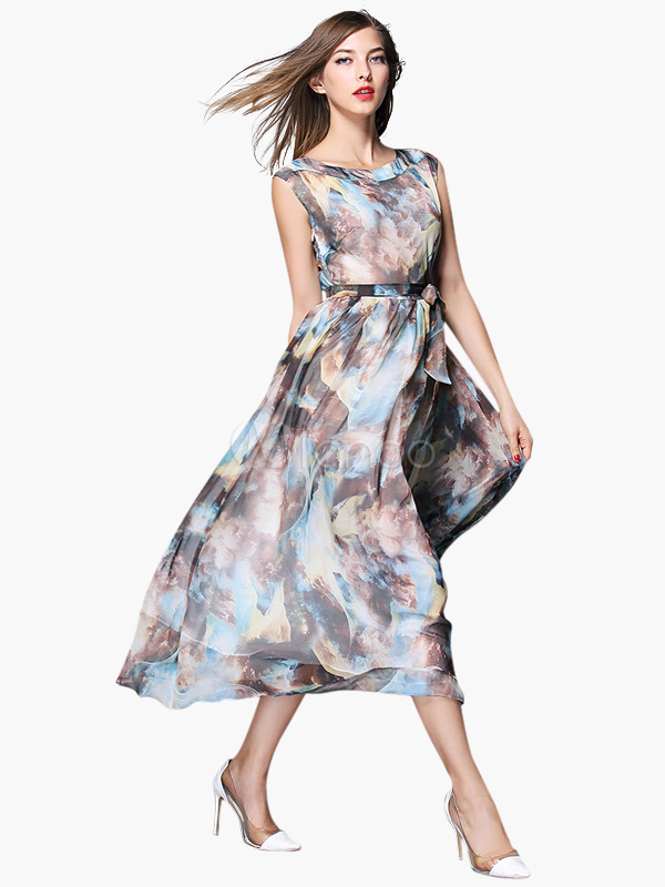 Sleeveless Printed Chiffon Long Flare Dress For Women - Milanoo.com