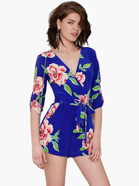 Royal Blue Floral Print Wrapped Lace Up Romper For Women - Milanoo.com