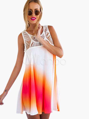 White Scoop Neck Lace Tie Dye Summer Dress - Milanoo.com