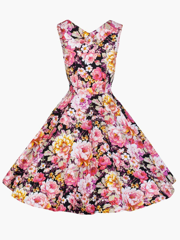 2018 New Arrival Retro Floral Print Cotton Flare Dress - Milanoo.com