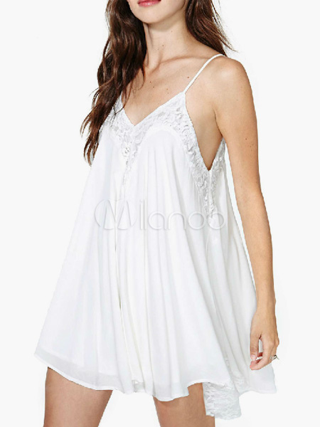 White Straps Neck Lace Detail Pleated Summer Dress - Milanoo.com