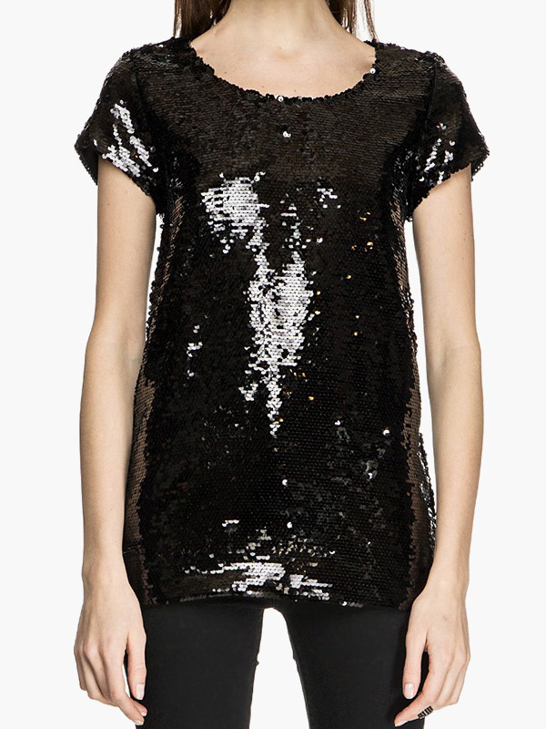 Modern Black Glitter Short Sleeves Sequins T-shirt - Milanoo.com
