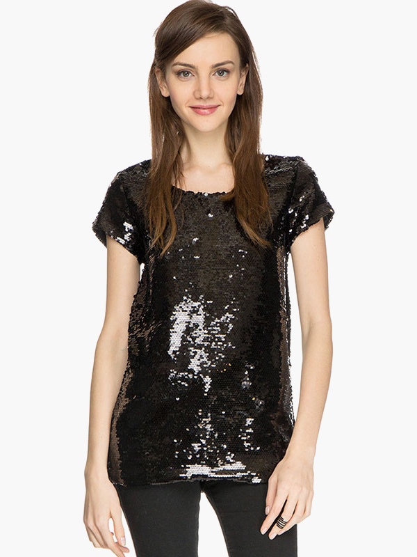 Modern Black Glitter Short Sleeves Sequins T-shirt - Milanoo.com