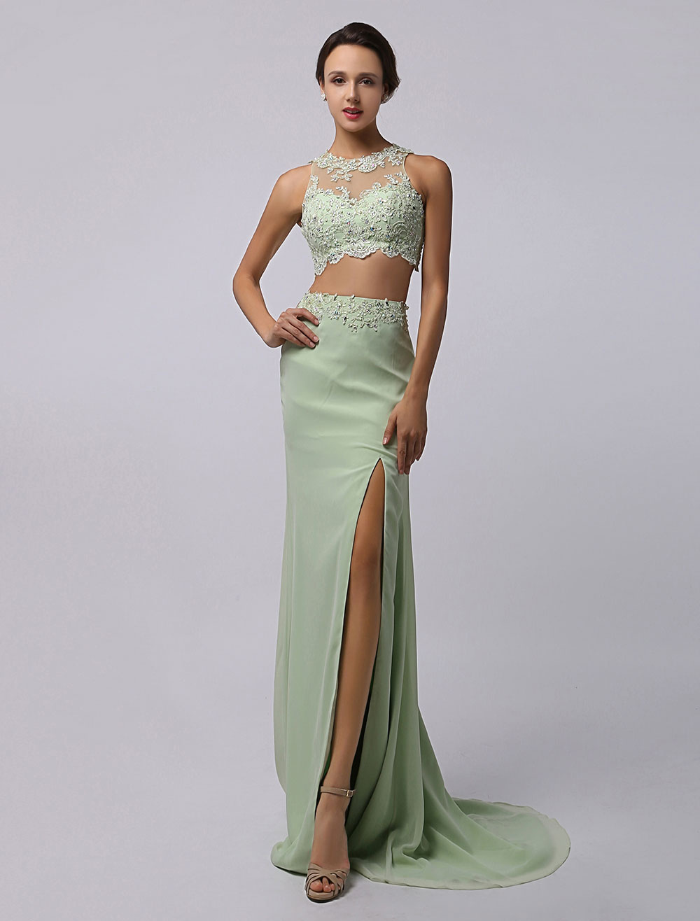 Two Piece Prom Dress 2024 Long Sage Green Crop Top Chiffon Beading Lace  Applique Party Dress With Train Milanoo - Milanoo.com