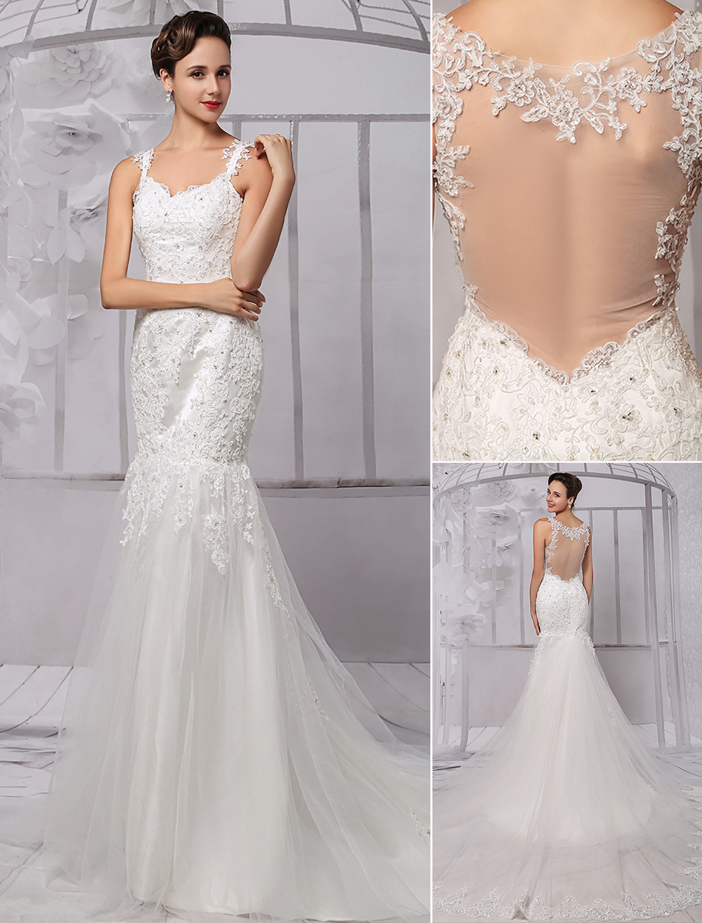 Lacey Sheer Wedding Dress Spaghetti Strap