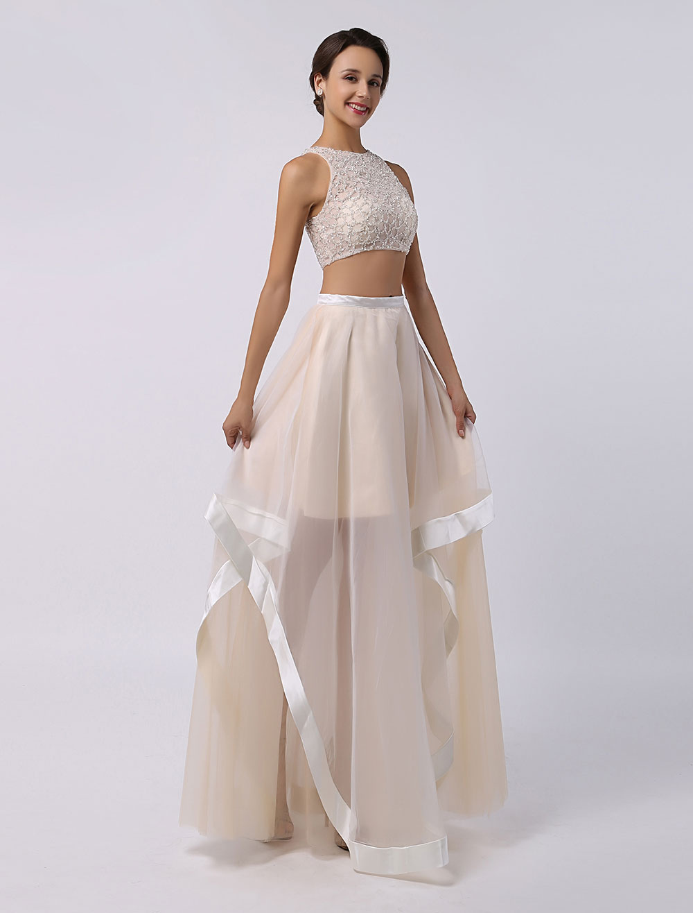 Two Piece Prom Dress 2023 Long Ivory Crop Top Beaded Piping Irregular Party  Dress Milanoo 