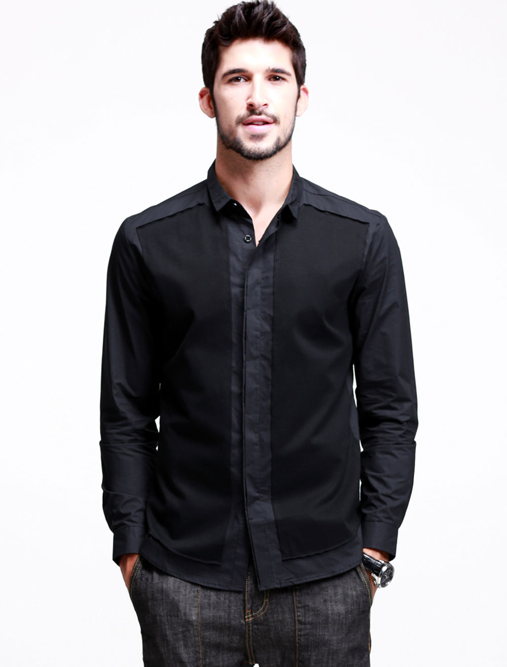 Black Pure Cotton Two-Tone Long Sleeves Turndown Collar Buttons Casual ...