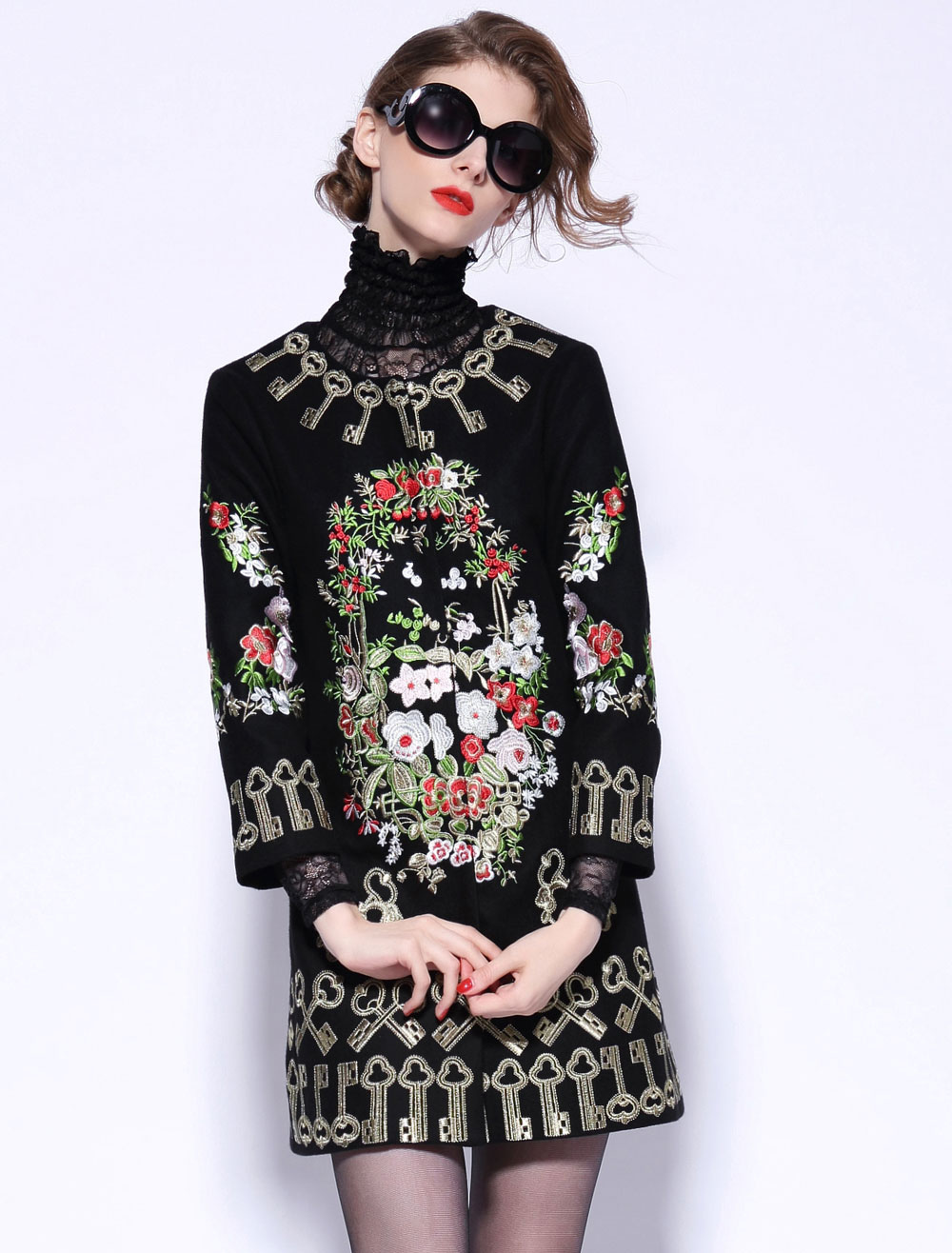 Embroidered Flowers and Keys Wool Blend Coat