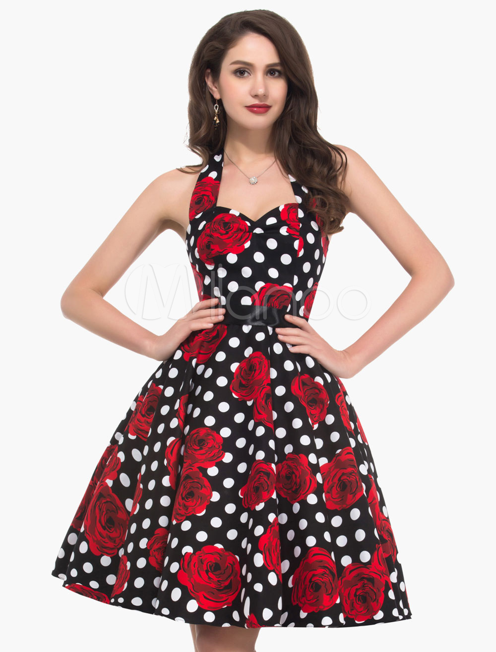 Sexy Retro Rockabilly Dance Dress With Rose and Polka Dot Print ...