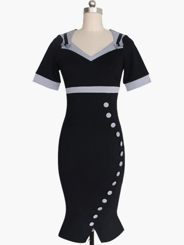Black Color Block Slim Fit Vintage Dress For Women - Milanoo.com