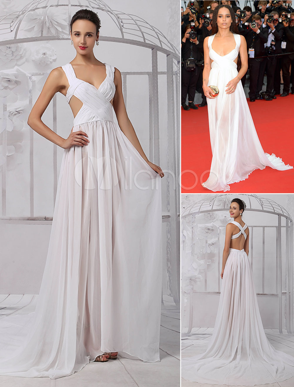 Celebrity Dresses Zoe Kravitz Cannes Ivory Chiffon Cut Out Criss Cross Back  Dress