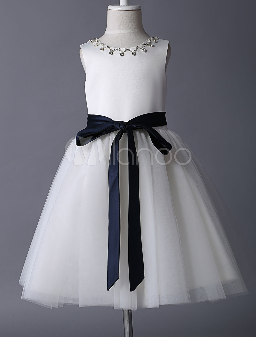 ivory flower girl dress with navy sash