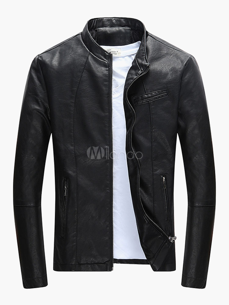 Men PU Jacket Stand Collar Zipper Biker Jacket Long Sleeve Black ...