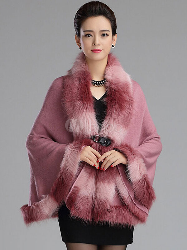 Ombre V-Neck Luxury Faux Fur V-Neck Poncho Coat - Milanoo.com