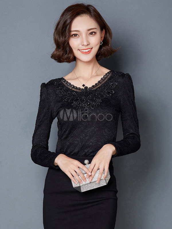 Women's Slim Fit Lace V-Neck Long Sleeves Bottoming Shirt - Milanoo.com