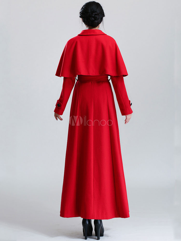 Simple Turndown Collar Elegant Wool Blend Belted Cape Coat - Milanoo.com