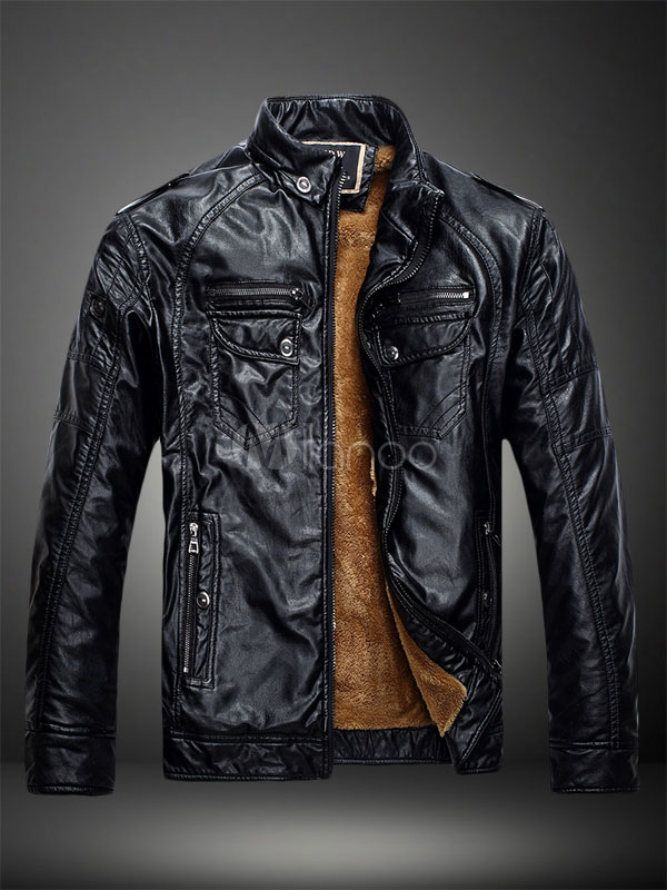 Men Leather Jacket Winter Jacket Blue Stand Collar Long Sleeve Short ...