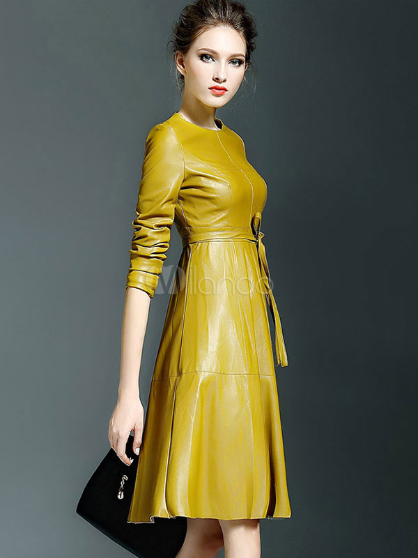 Women's Simple PU Leather Flare Dress - Milanoo.com