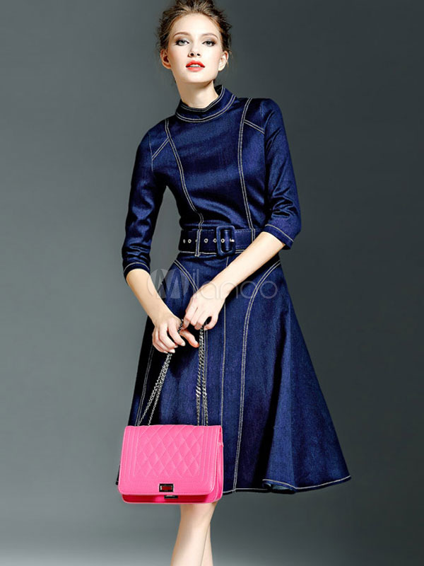 Stand Collar Slim Fit Vintage Belted Denim Dress