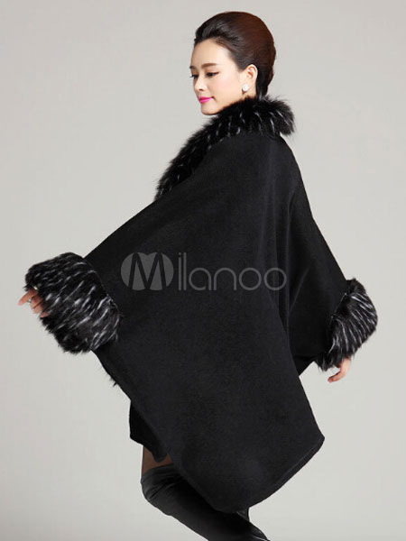 Luxury V-Neck Faux Fur Woman's Knitted Poncho - Milanoo.com