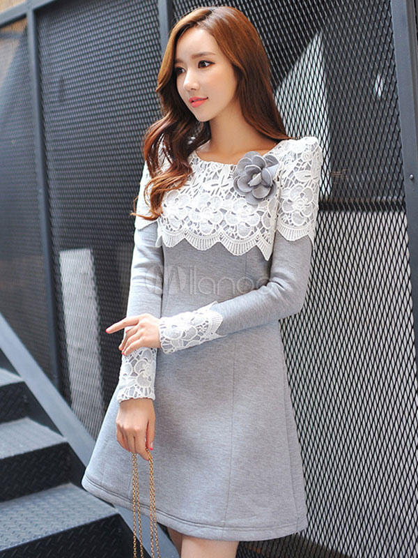 Color Block Lace Cotton Fibers Long Sleeve Flare Dress - Milanoo.com