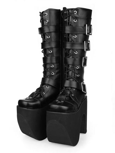 Black Thick Sole Buckle Leather Round Toe Lolita Boots - Milanoo.com