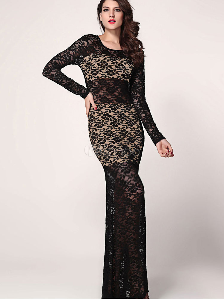Floor Length Jewel Neck Lace Long Sleeve Women's Maxi Dress - Milanoo.com