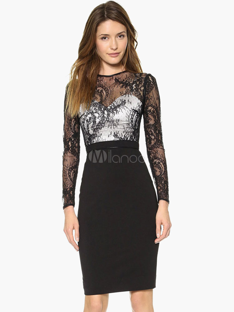 See Through Lace Long Sleeve Split Back Woman's Polyester Bodycon Dress ...