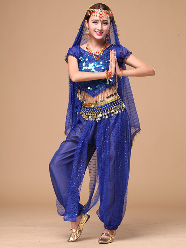 Costume Danse du ventre Bleu en mousseline de soie de danse Bollywood 2024 Robe pour femmes Déguisements Halloween