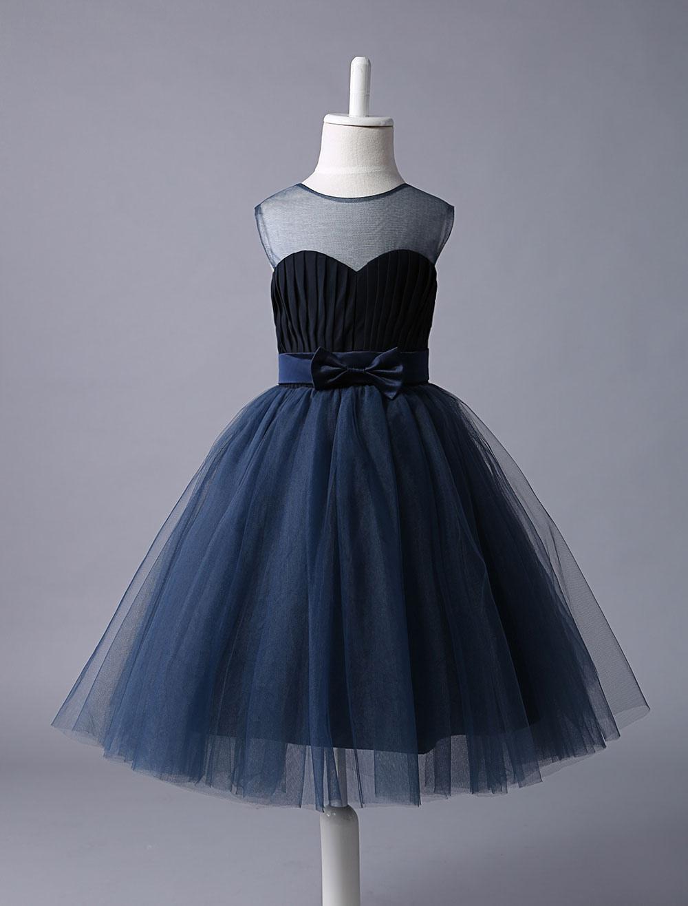 Flower Girl Dresses Navy Blue Sweetheart Neckline Tutu Dress Bow Sash Short  Kids Formal Party Dress - Lolitashow.com