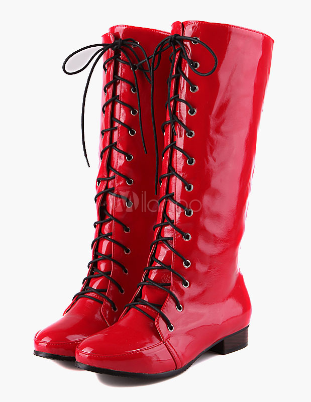 Black Patent PU Mid Calf Flat Boots for Woman - Milanoo.com