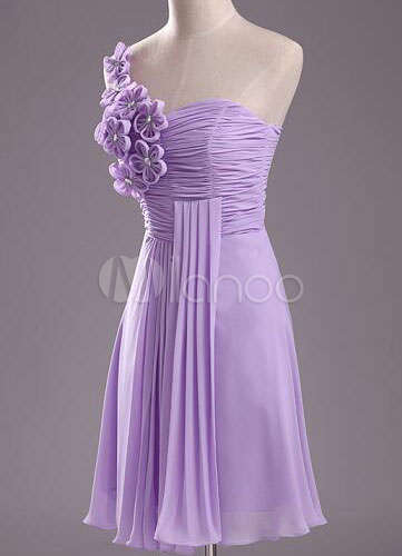 Ruched Lilac Short Chiffon Bridesmaid Dress with Flowers - Milanoo.com