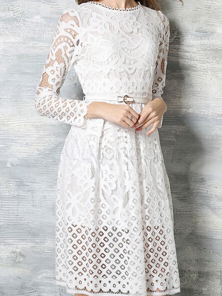Vintage Style Lace Dress White Long Sleeve Semi Sheer Skater Vintage Style Lace Dress White Long Sleeve Semi Sheer Skater For Women No