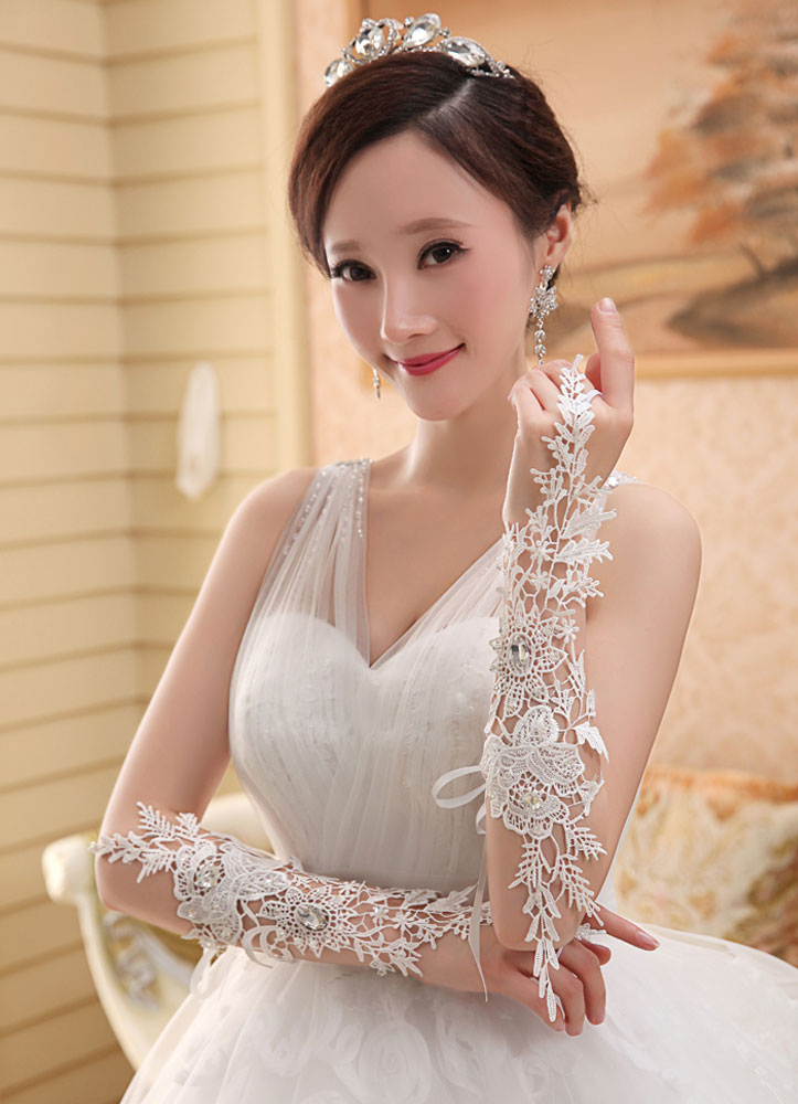 Mitaines Courtes En Dentelle Pour Femme - Gants élégants Sans Doigts Pour Mariage, Soirée Ou Costume, Couleur Blanche