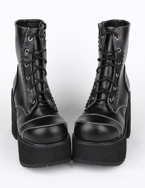 ロリータブーツ　ブラック　PU　ラウンドトゥ（丸いつま先）　チャンキーヒール ロリータブーツ チャンキーヒール ブラック PU ラウンドトゥ（丸い