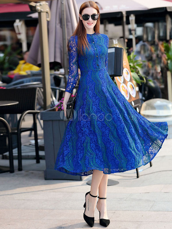 Blue Lace Pleated Party Dress for Women - Milanoo.com