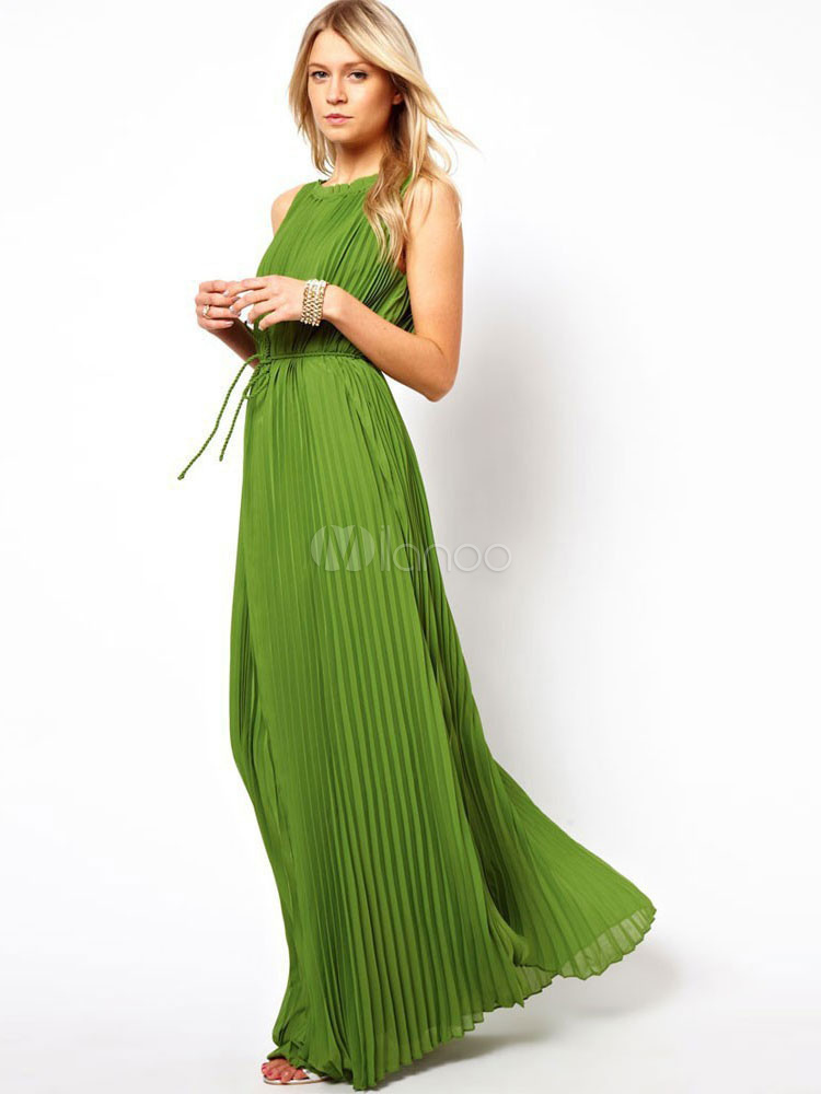Green Maxi Dress Pleated Long Summer ...